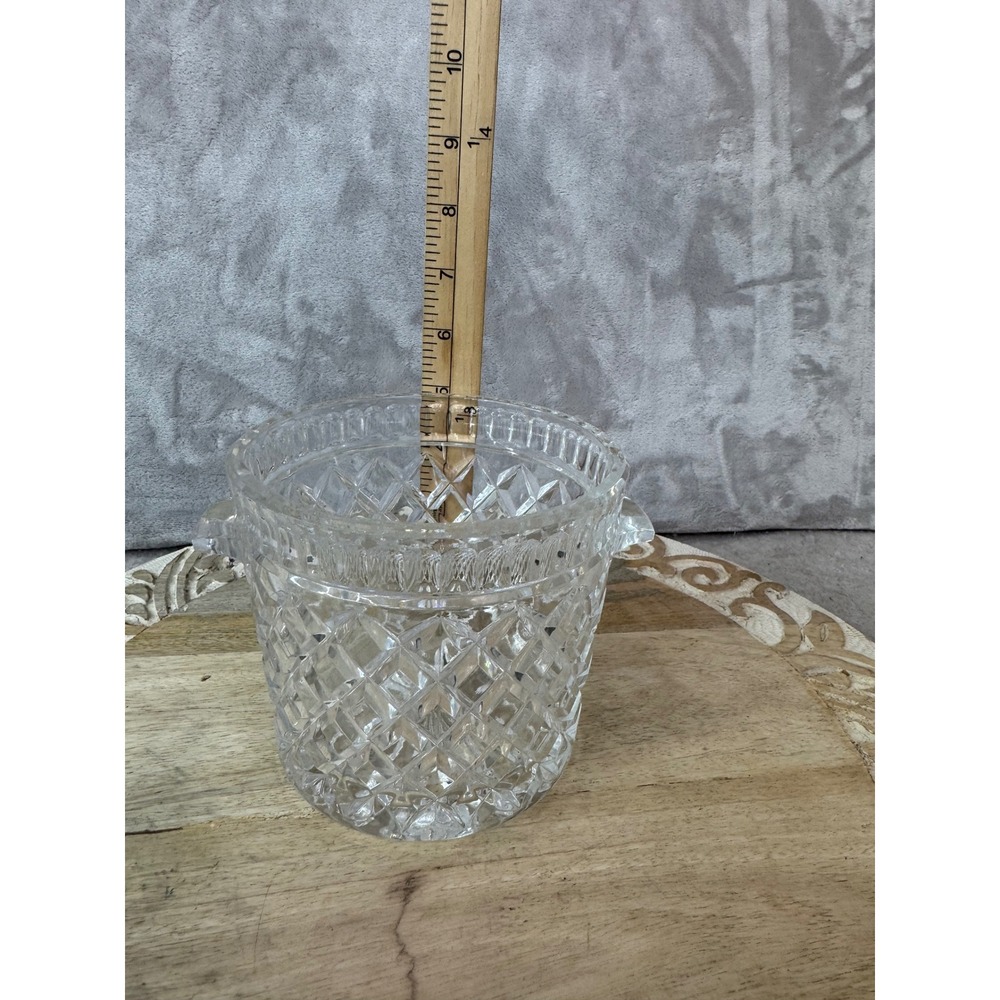 Vintage Style Cut Glass Ice Bucket Clear Diamond Pattern Ribbed Barware 5‎ Inch